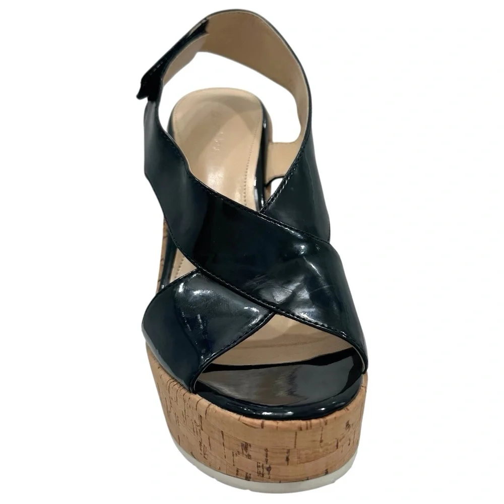 CALVIN KLEIN TAMRA BLACK PATENT & CORK PLATFORM HEELED SANDALS